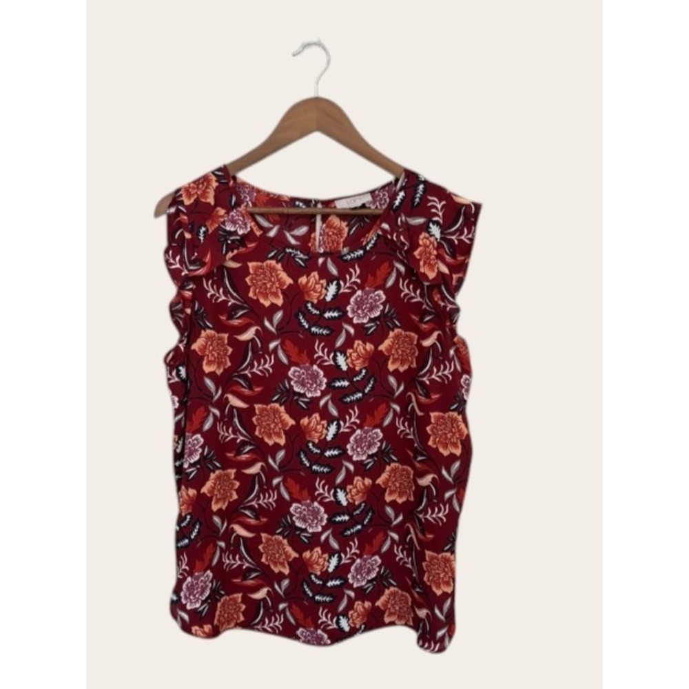 Loft Outlet Womens Large Burgundy Floral Ruffle Sleeveless Blouse Keyhole Top L